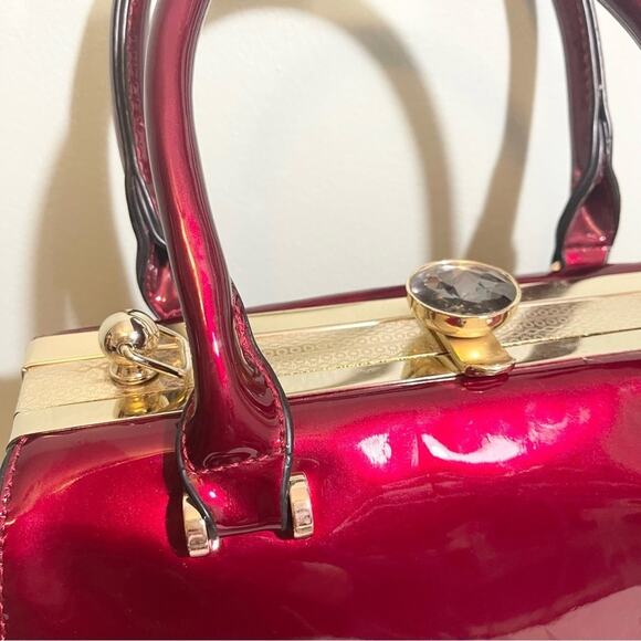 Red Patent Handbag with Rhinestone Closure - Picture 9 of 15